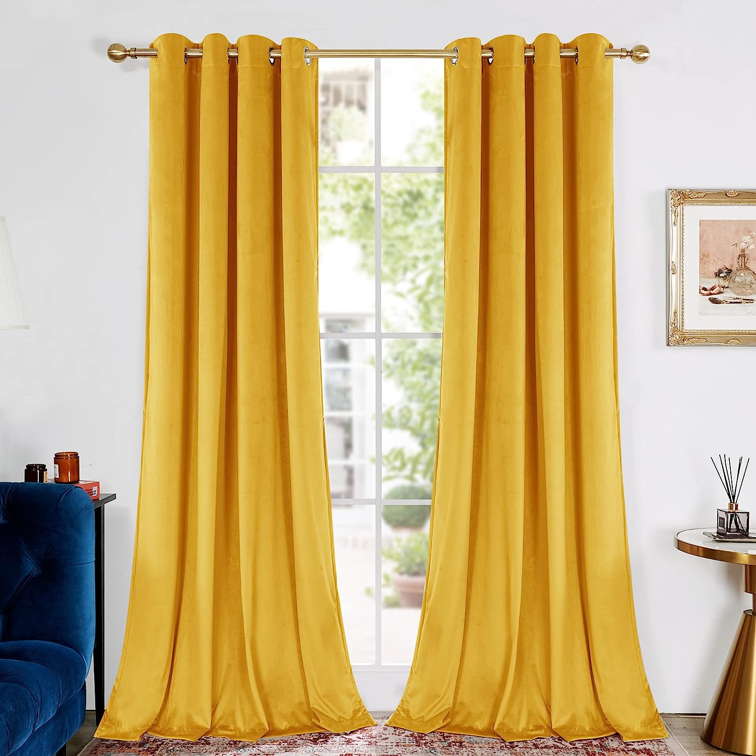 KNOTTING HOME Room Darkening Plain Velvet Eyelet Door Curtains for Living Room ,Bedroom ,Kitchen in Yellow Color